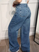 Pantalón de jean wide leg tipo palazzo, tiro alto, de tela